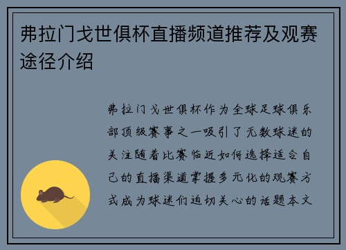 弗拉门戈世俱杯直播频道推荐及观赛途径介绍