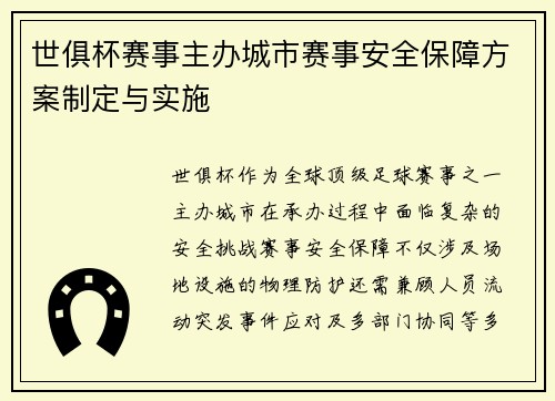 世俱杯赛事主办城市赛事安全保障方案制定与实施