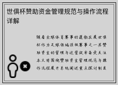世俱杯赞助资金管理规范与操作流程详解